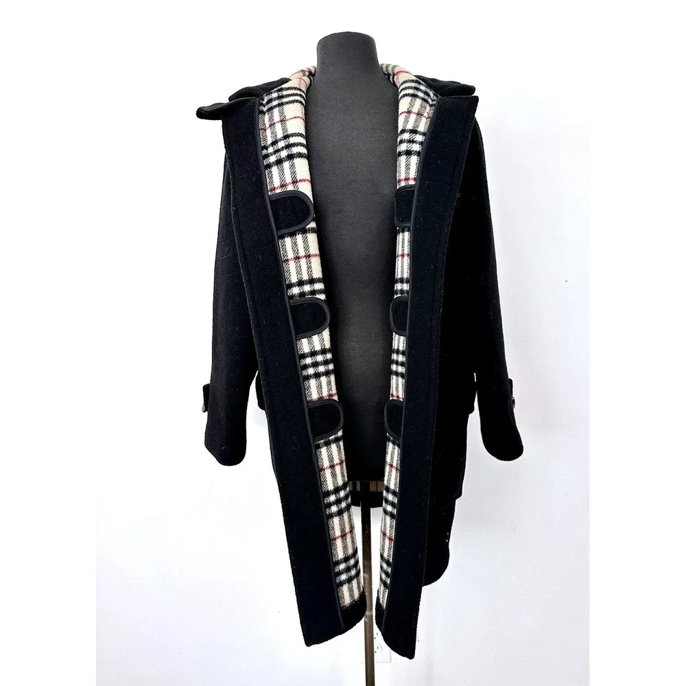 Vintage Burberry London Duffle Coat UK 10 Black Wool Hooded Toggle Nova Check 99 - Picture 2 of 16